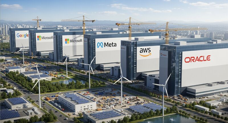 Illustration showing the growth of AI infrastructure and data centers